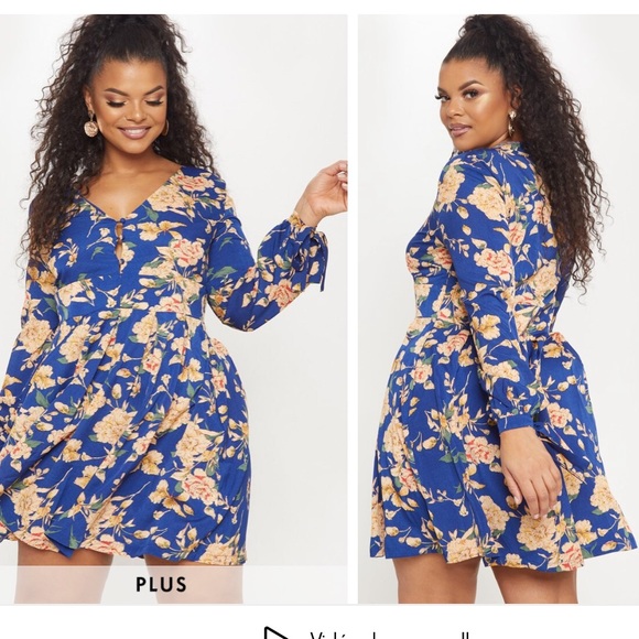 PRETTYLITTLETHING | Plus Blue Floral Button Detail Swing Dress - Picture 1 of 5